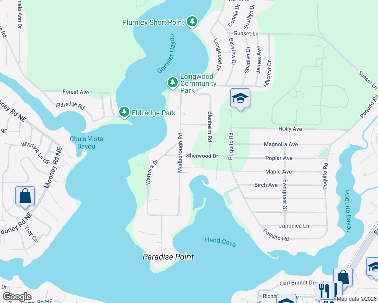 map of restaurants, bars, coffee shops, grocery stores, and more near 6 Sherwood Drive in Shalimar