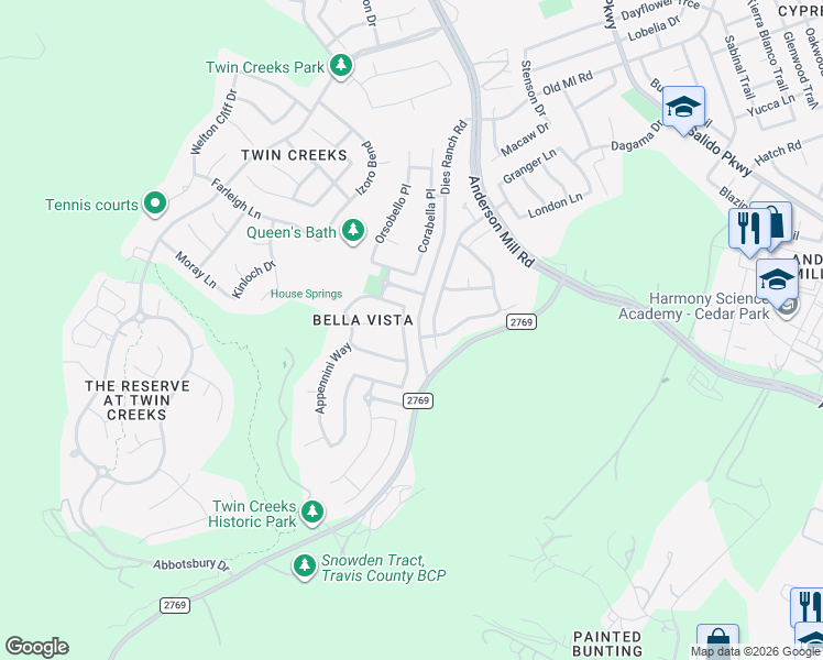 map of restaurants, bars, coffee shops, grocery stores, and more near 3006 Lombardi Way in Cedar Park