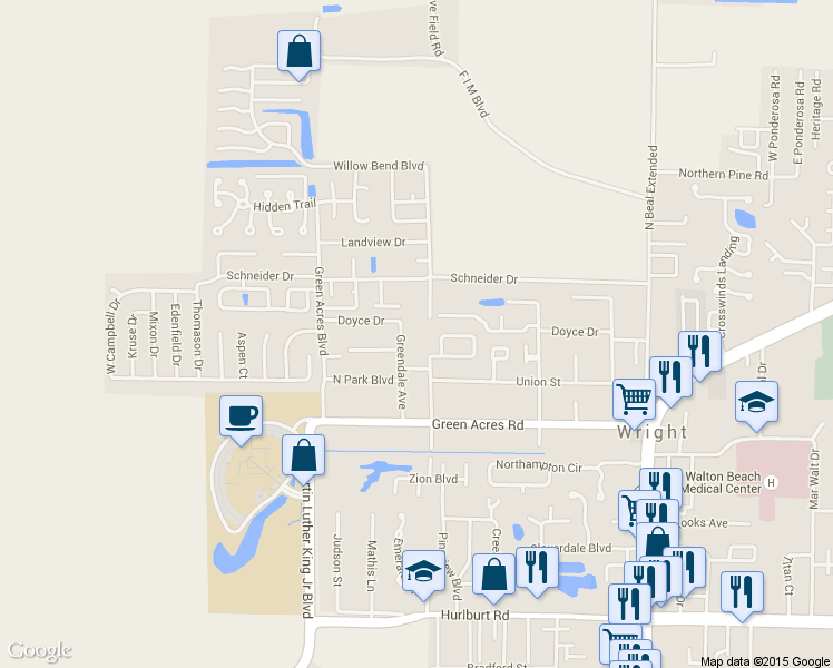 map of restaurants, bars, coffee shops, grocery stores, and more near 1325 Greendale Avenue in Fort Walton Beach