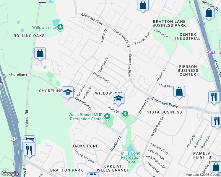 map of restaurants, bars, coffee shops, grocery stores, and more near 3413 Ruby Red Drive in Austin