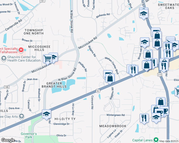 map of restaurants, bars, coffee shops, grocery stores, and more near 01 Blairstone Court in Tallahassee
