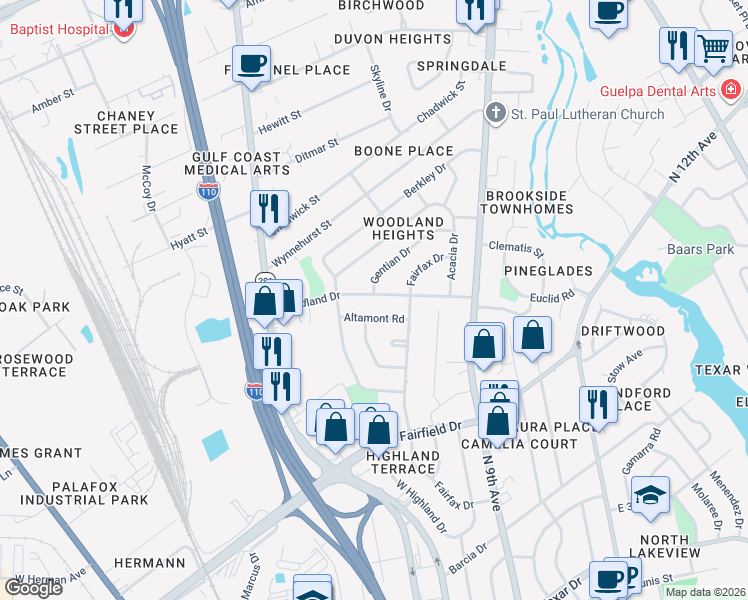 map of restaurants, bars, coffee shops, grocery stores, and more near 711 Woodland Drive in Pensacola