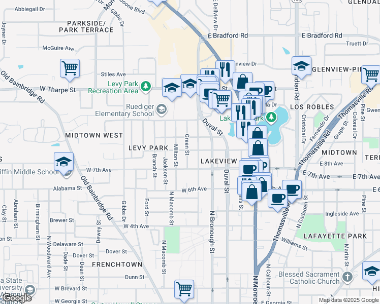 map of restaurants, bars, coffee shops, grocery stores, and more near 1433 Green Street in Tallahassee