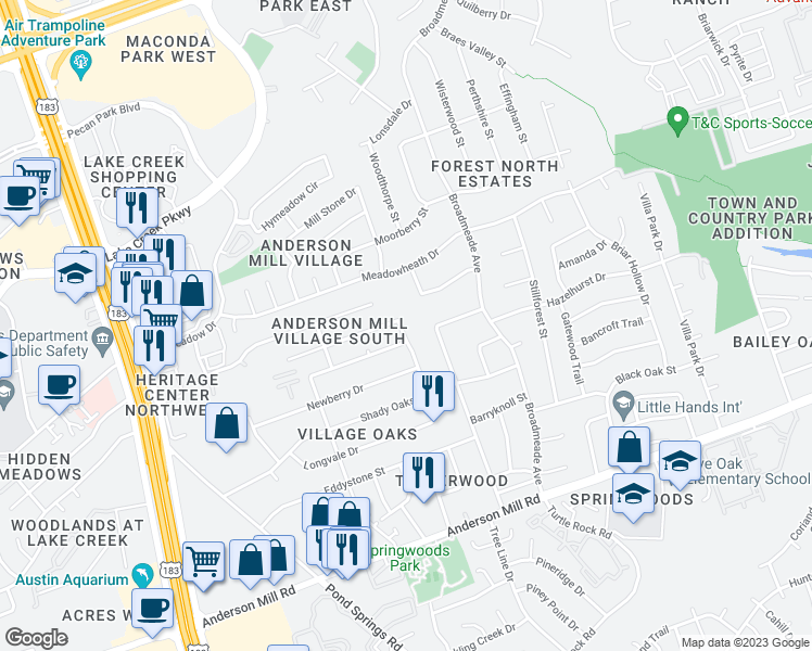 map of restaurants, bars, coffee shops, grocery stores, and more near 13005 Springvale Drive in Austin