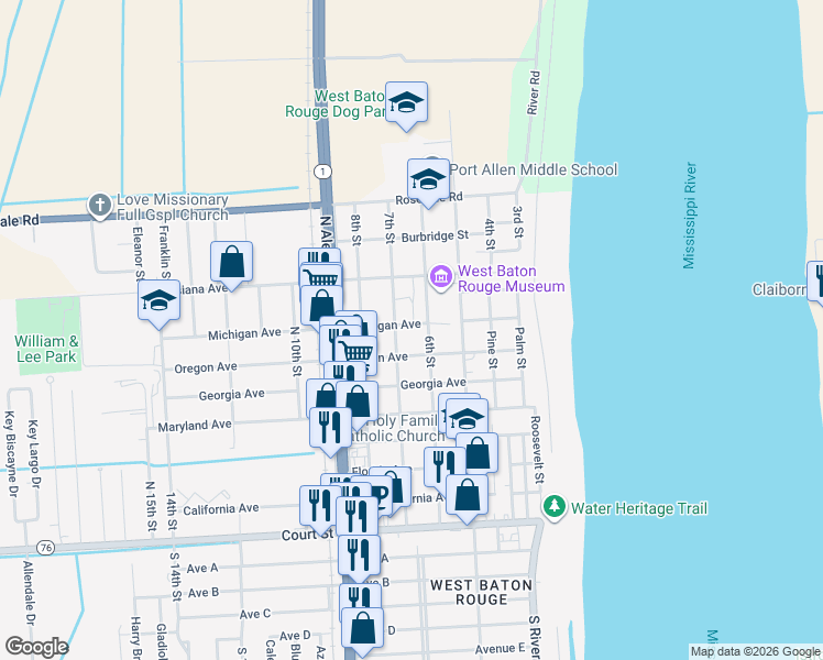 map of restaurants, bars, coffee shops, grocery stores, and more near 631 Michigan Avenue in Port Allen