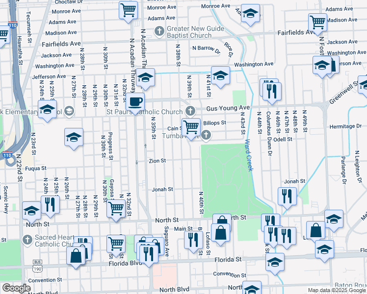 map of restaurants, bars, coffee shops, grocery stores, and more near 1178 North 38th Street in Baton Rouge