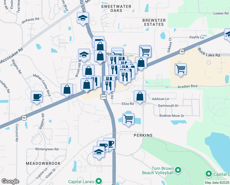 map of restaurants, bars, coffee shops, grocery stores, and more near 3007 Nathan Lane in Tallahassee