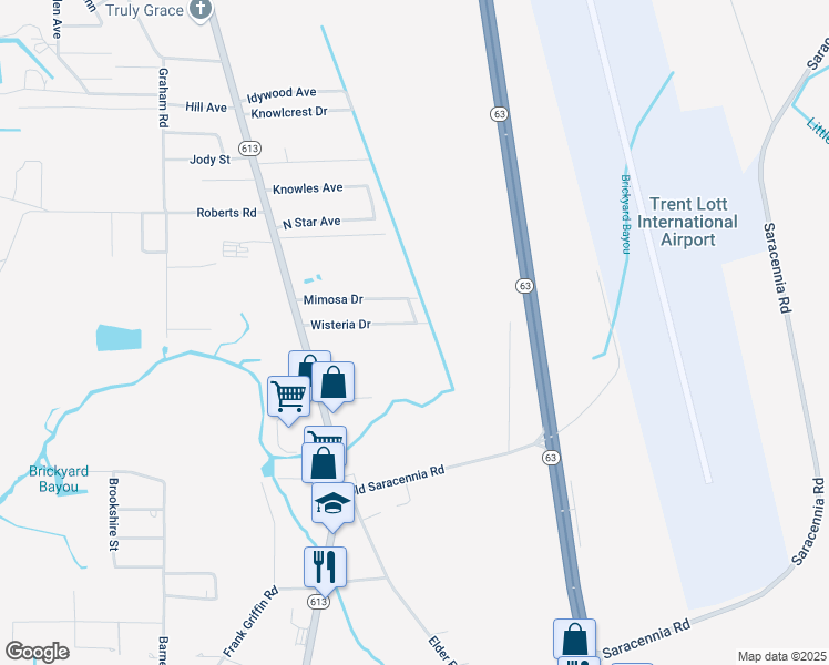 map of restaurants, bars, coffee shops, grocery stores, and more near 4318 Wisteria Drive in Moss Point