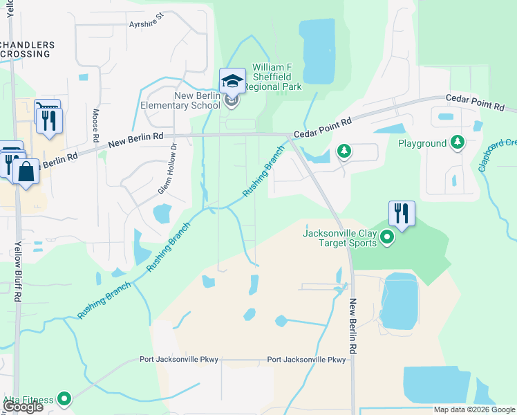 map of restaurants, bars, coffee shops, grocery stores, and more near 12221 Rouen Cove Drive in Jacksonville