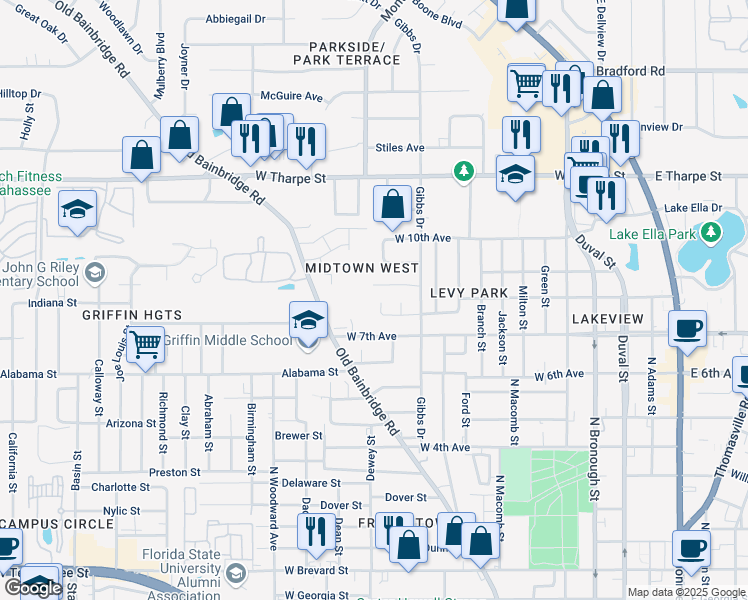 map of restaurants, bars, coffee shops, grocery stores, and more near 1510 Cameo Court in Tallahassee