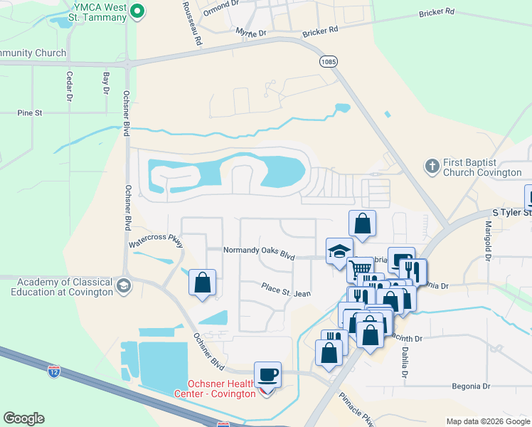 map of restaurants, bars, coffee shops, grocery stores, and more near 719 Place Saint Etienne in Covington