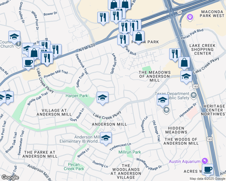 map of restaurants, bars, coffee shops, grocery stores, and more near 12306 Split Rail Parkway in Austin