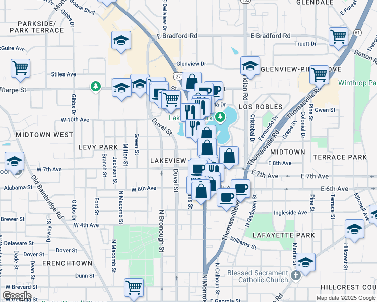 map of restaurants, bars, coffee shops, grocery stores, and more near 1432 North Adams Street in Tallahassee