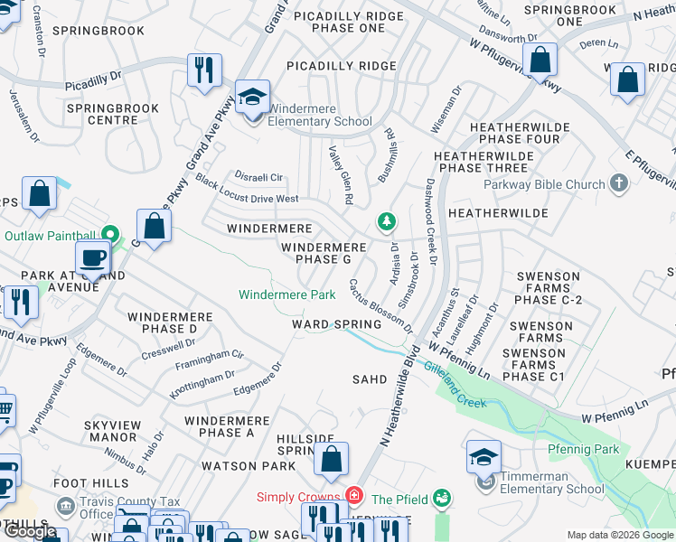 map of restaurants, bars, coffee shops, grocery stores, and more near 16821 Gower Street in Pflugerville