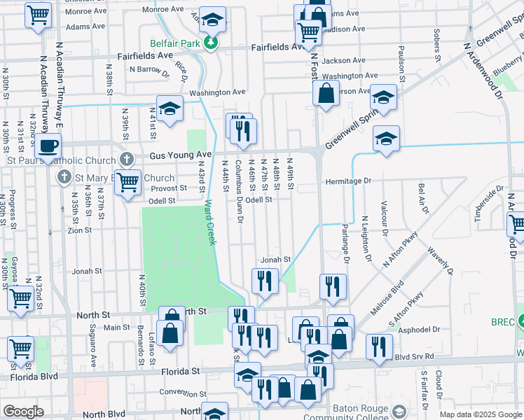 map of restaurants, bars, coffee shops, grocery stores, and more near 1145 North 47th Street in Baton Rouge