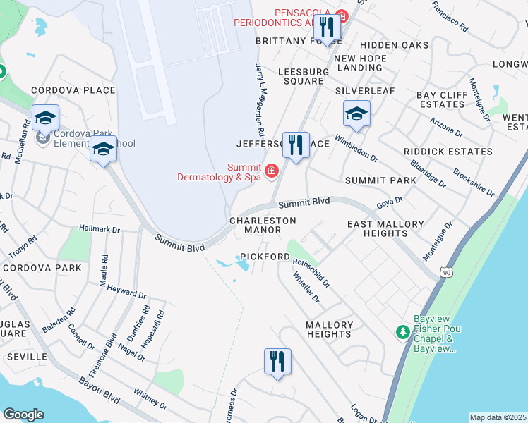 map of restaurants, bars, coffee shops, grocery stores, and more near 3190 Belle Meade Drive in Pensacola