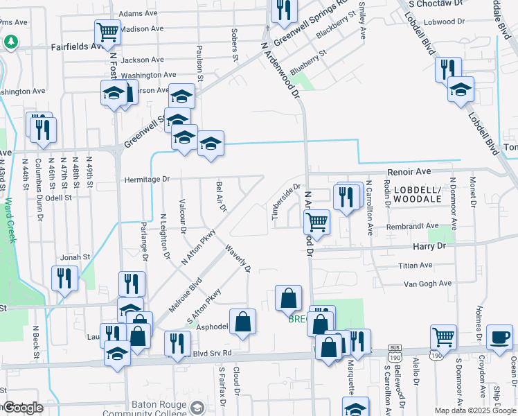 map of restaurants, bars, coffee shops, grocery stores, and more near 1251 North Ardenwood Drive in Baton Rouge
