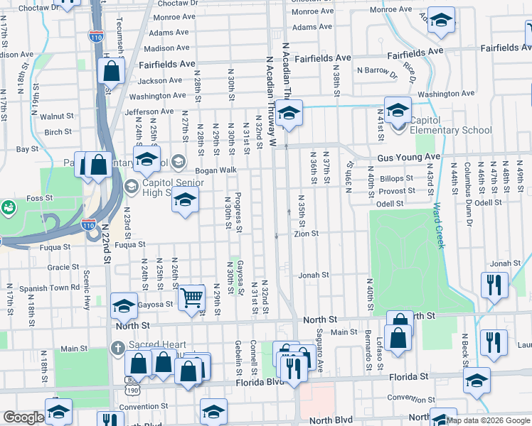 map of restaurants, bars, coffee shops, grocery stores, and more near 1148 North 32nd Street in Baton Rouge