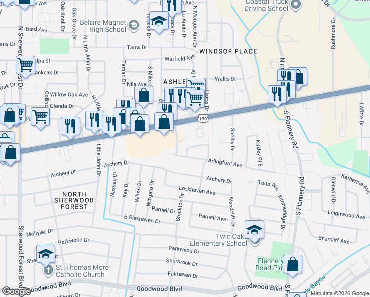 map of restaurants, bars, coffee shops, grocery stores, and more near 270 King John Place in Baton Rouge