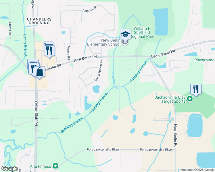 map of restaurants, bars, coffee shops, grocery stores, and more near 3500 Hickory Landing Court in Jacksonville