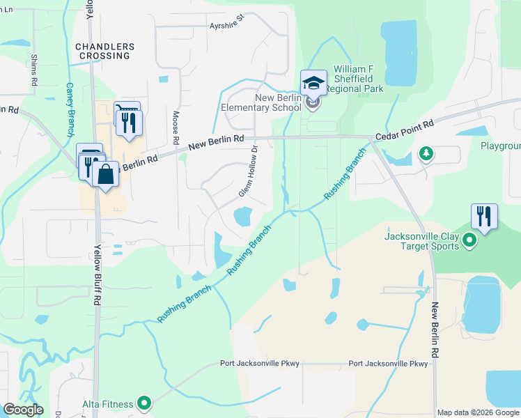 map of restaurants, bars, coffee shops, grocery stores, and more near 3500 Hickory Landing Court in Jacksonville