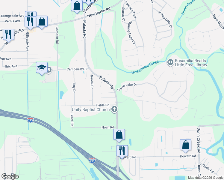 map of restaurants, bars, coffee shops, grocery stores, and more near 12266 Pulaski Road in Jacksonville