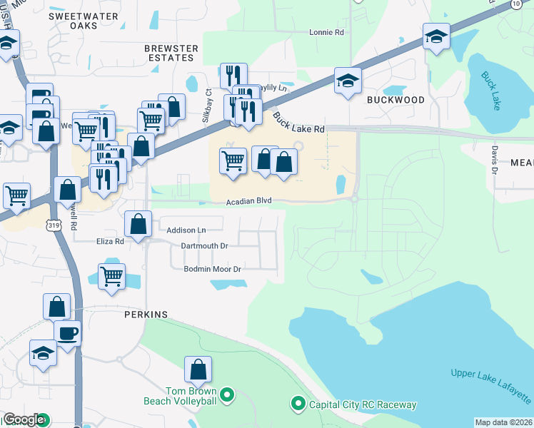 map of restaurants, bars, coffee shops, grocery stores, and more near 3520 Barnstaple Drive in Tallahassee