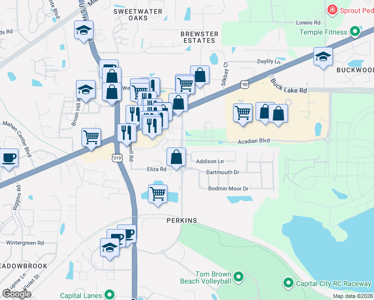 map of restaurants, bars, coffee shops, grocery stores, and more near 3200 Emerson Lane in Tallahassee