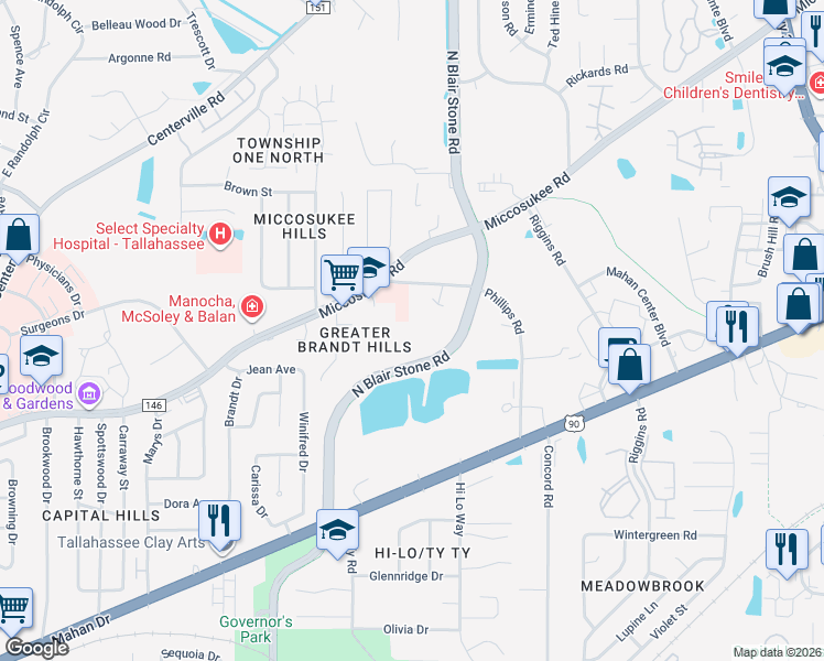 map of restaurants, bars, coffee shops, grocery stores, and more near Blair Stone Road in Tallahassee