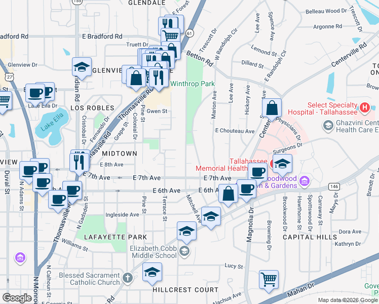map of restaurants, bars, coffee shops, grocery stores, and more near 1455 Crestview Avenue in Tallahassee