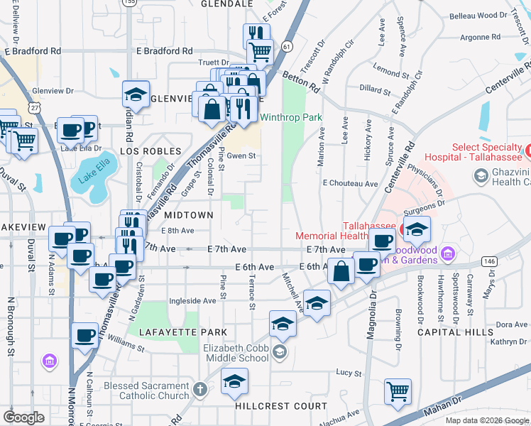 map of restaurants, bars, coffee shops, grocery stores, and more near 1452 Mitchell Avenue in Tallahassee