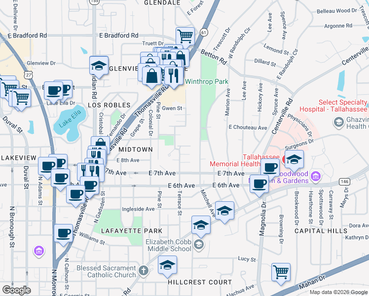 map of restaurants, bars, coffee shops, grocery stores, and more near 1354 Terrace Street in Tallahassee