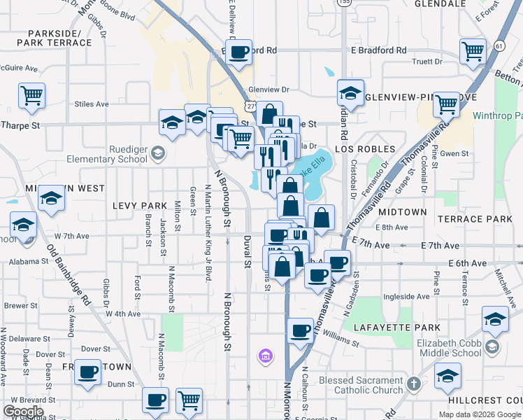map of restaurants, bars, coffee shops, grocery stores, and more near 1432 North Adams Street in Tallahassee