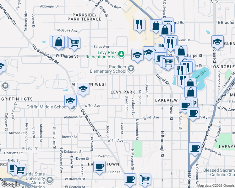 map of restaurants, bars, coffee shops, grocery stores, and more near 1509 Yancey Street in Tallahassee