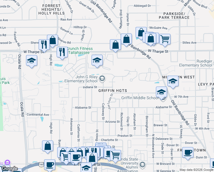 map of restaurants, bars, coffee shops, grocery stores, and more near in Tallahassee