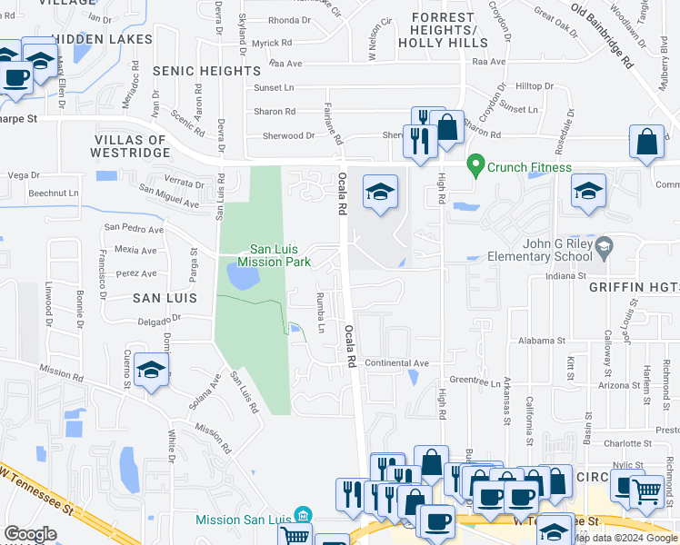 map of restaurants, bars, coffee shops, grocery stores, and more near 1358 Ocala Road in Tallahassee