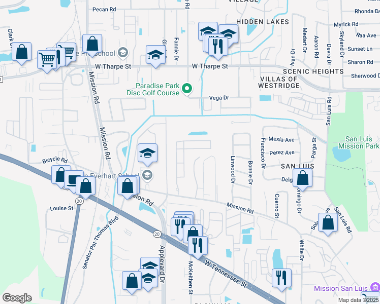 map of restaurants, bars, coffee shops, grocery stores, and more near 2636 West Mission Road in Tallahassee