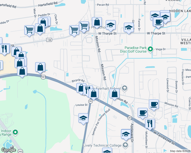map of restaurants, bars, coffee shops, grocery stores, and more near 1522 Country Lane in Tallahassee
