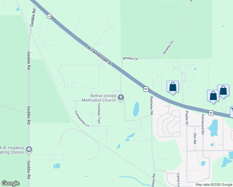 map of restaurants, bars, coffee shops, grocery stores, and more near 1490 Bethel Church Road in Tallahassee