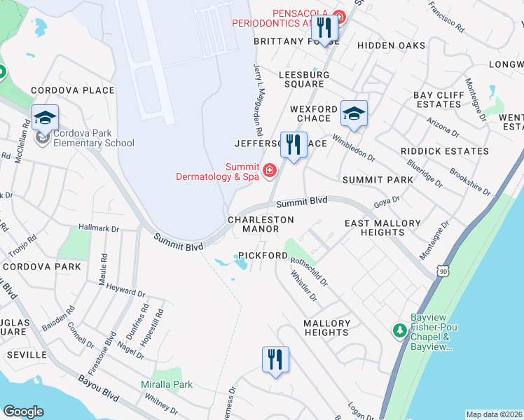 map of restaurants, bars, coffee shops, grocery stores, and more near in Pensacola