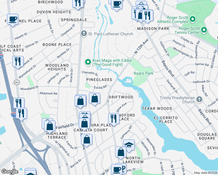 map of restaurants, bars, coffee shops, grocery stores, and more near 111 Euclid Road in Pensacola