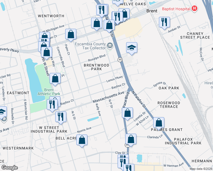 map of restaurants, bars, coffee shops, grocery stores, and more near 117 Lenox Parkway in Pensacola