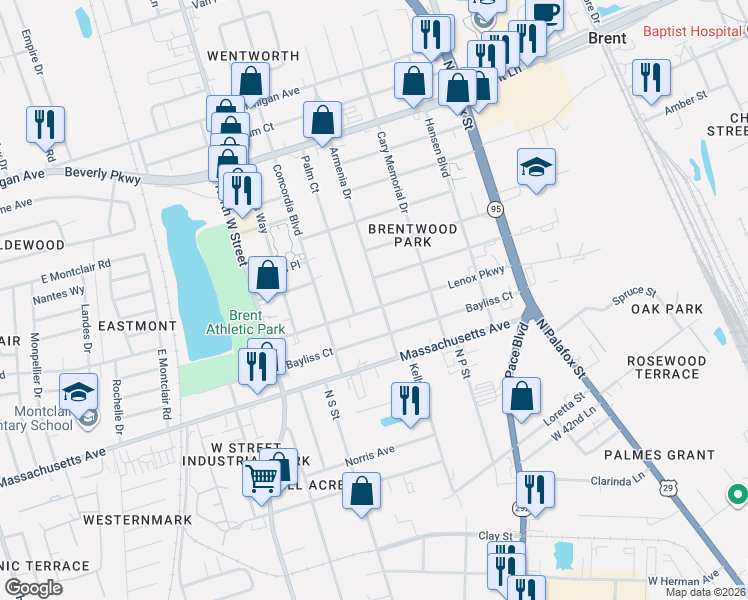 map of restaurants, bars, coffee shops, grocery stores, and more near 201 Armenia Drive in Pensacola