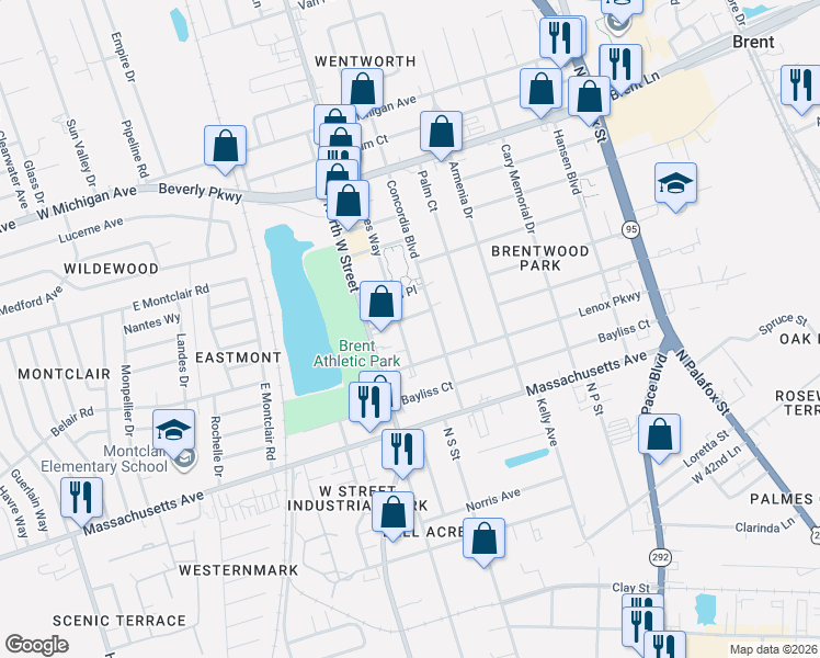 map of restaurants, bars, coffee shops, grocery stores, and more near 211 Concordia Boulevard in Pensacola