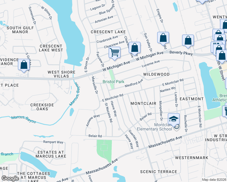 map of restaurants, bars, coffee shops, grocery stores, and more near 1135 Medford Avenue in Pensacola