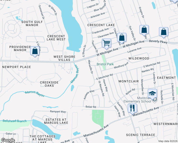 map of restaurants, bars, coffee shops, grocery stores, and more near 4611 Marseille Drive in Pensacola