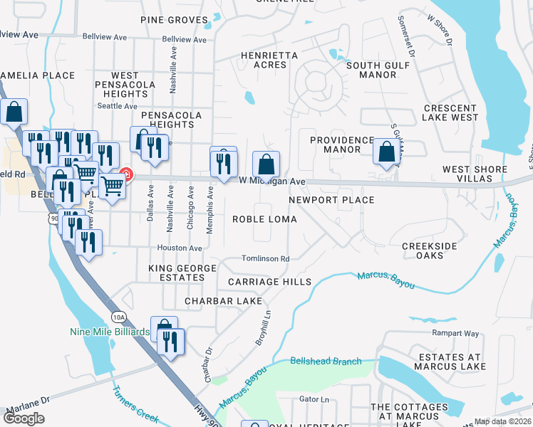 map of restaurants, bars, coffee shops, grocery stores, and more near 5818 Roble Loma Drive in Pensacola