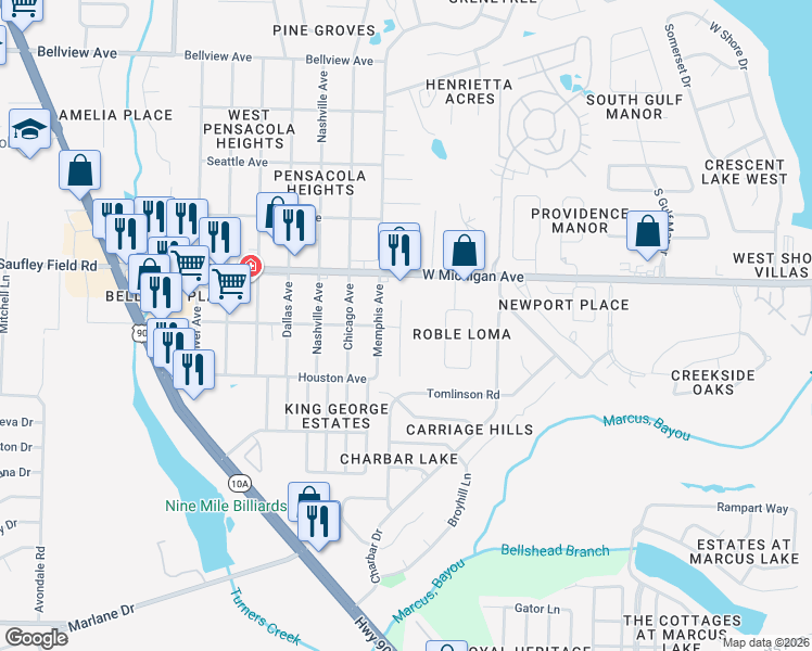 map of restaurants, bars, coffee shops, grocery stores, and more near 5896 Bilek Drive in Pensacola