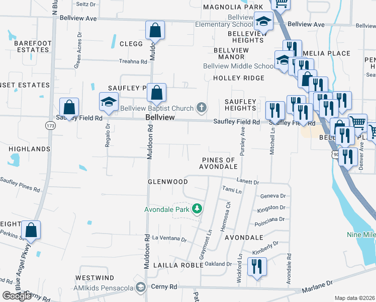 map of restaurants, bars, coffee shops, grocery stores, and more near 4830 Sierra Drive in Pensacola