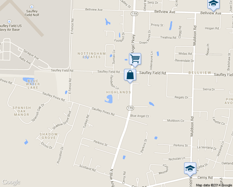 map of restaurants, bars, coffee shops, grocery stores, and more near 5815 Dandelion Lane in Pensacola
